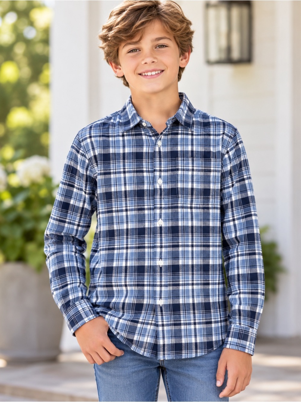 J.Crew Crewcuts Boys Size 12 Blue Plaid Cotton Long Sleeve Button Front Shirt